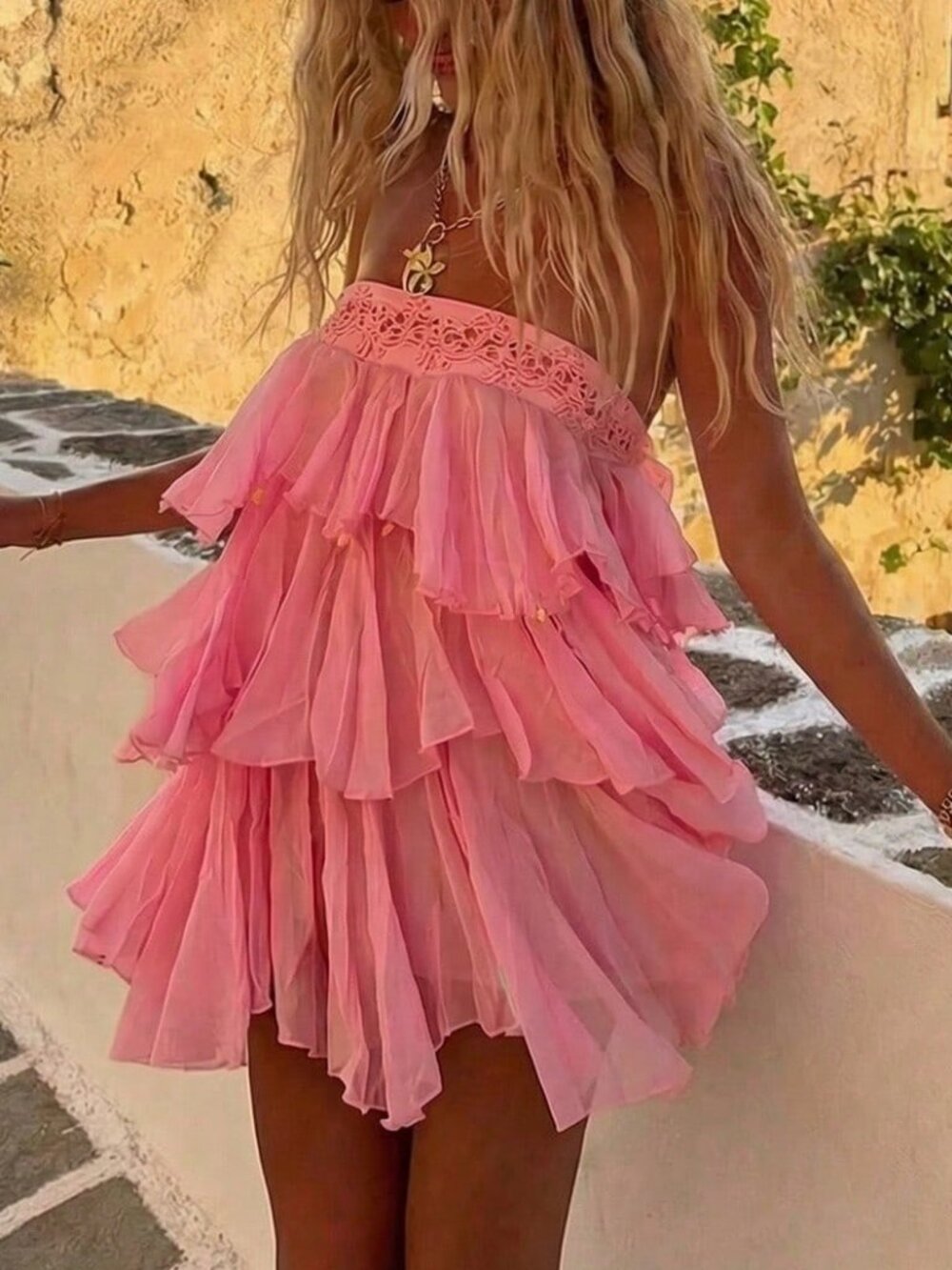 Pink Casual Women's Elegant Ruffle Strapless Dress - Picture 3 of 5
